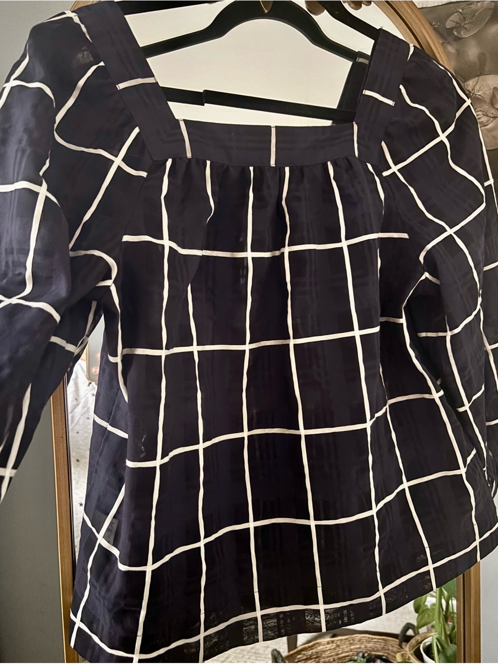 J. Crew Navy Windowpane Square-Neck 3/4 Sleeve Top semi-sheer 6
